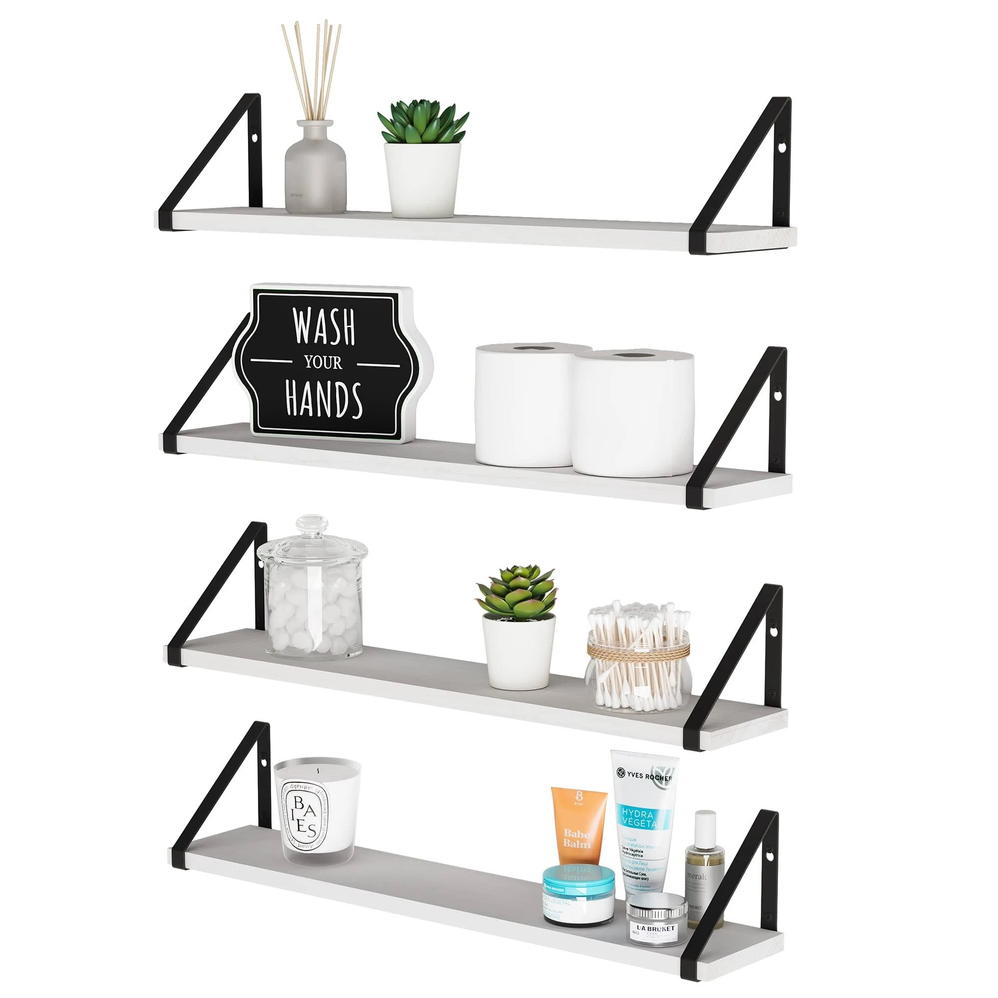 Wallniture Ponza Shelves for Bathroom Over Toilet Storage, 24" White Floating Shelves for Wall, Wall Bookshelves Living Room Bedroom Decor Set of 4