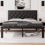 Twin Size Metal Bed Frame with Fabric Button Tufted Headboard  Platform Bed.