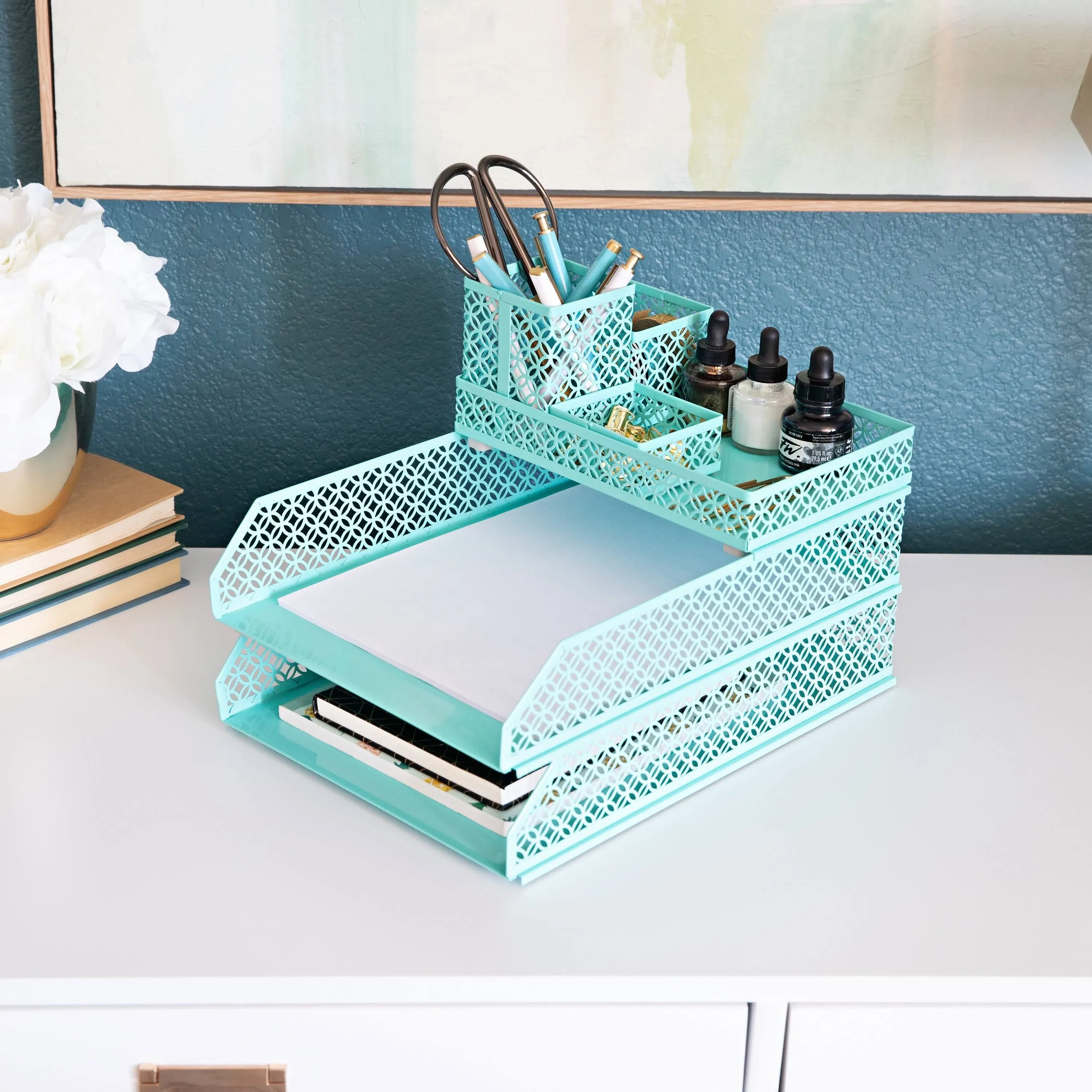 BLU MONACO Office Desk Organizers and Accessories 6 Piece Interlocking Aqua Desk Organizer Set - Office Organizer