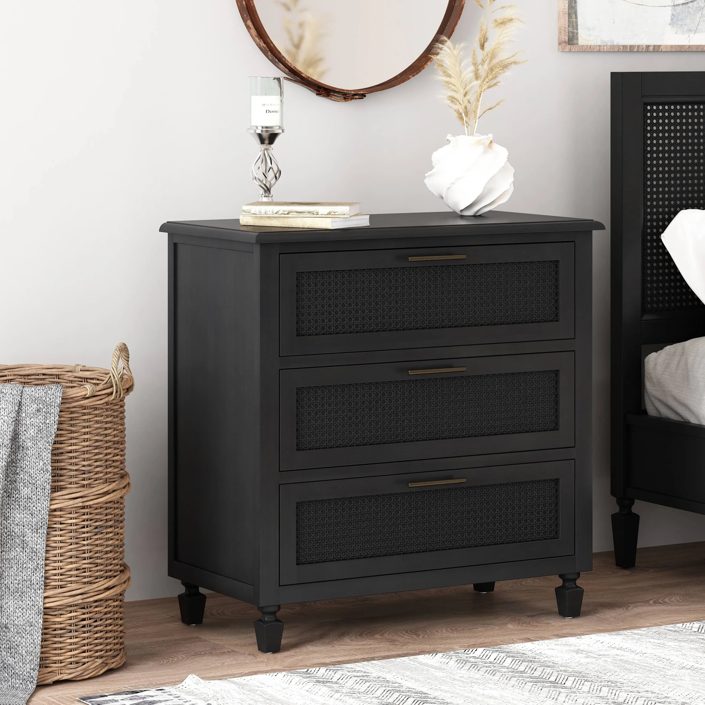 Newell Rustic Acacia Wood and Cane 3 Drawer Dresser  by Dark Gray 3-drawer