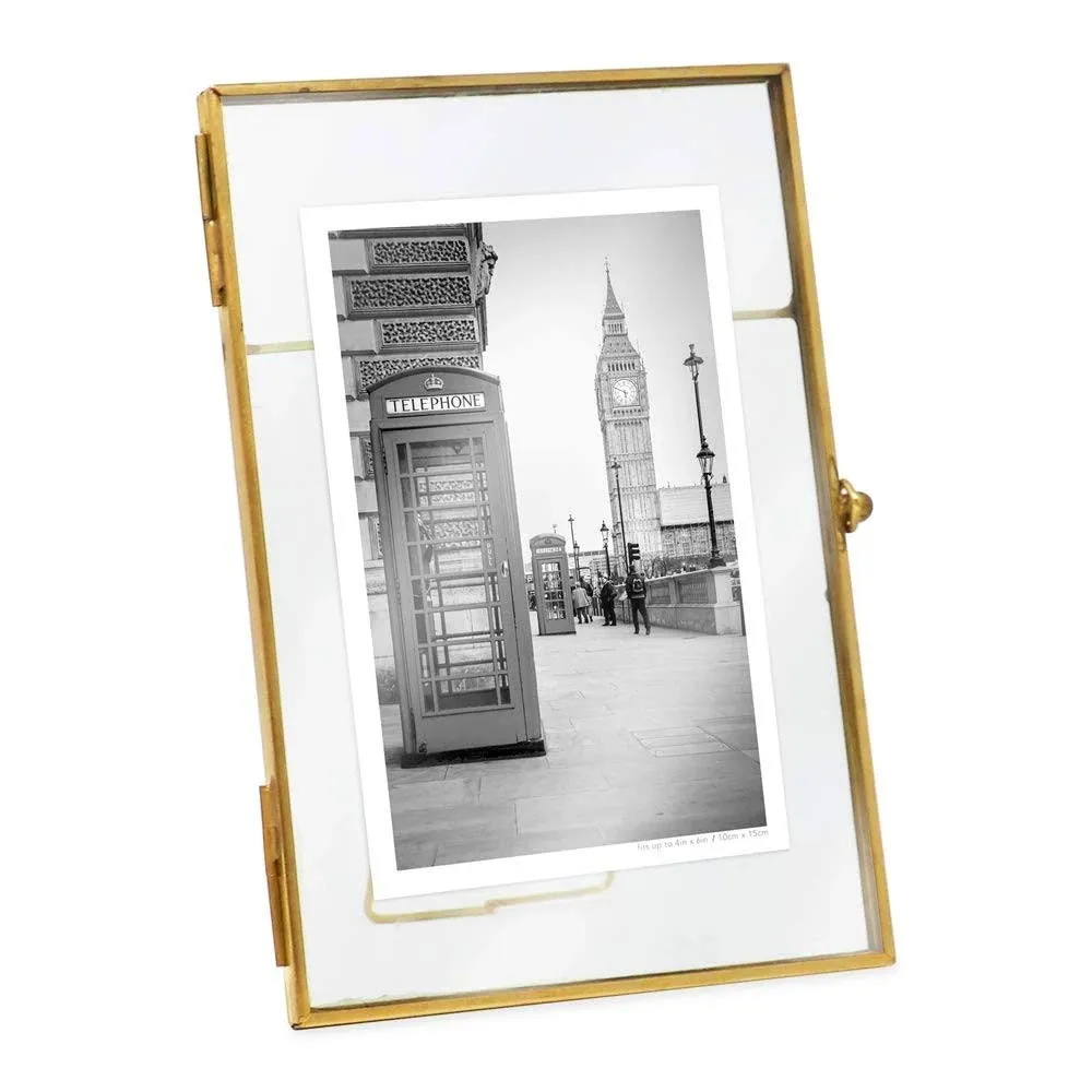 Isaac Jacobs 4x6, Antique Gold, Vintage Style Brass and Glass, Metal, Floating Desk Photo Frame (Vertical), with Locket Bead Clasp Closure for Pictures Art, More (4x6, Antique Gold)