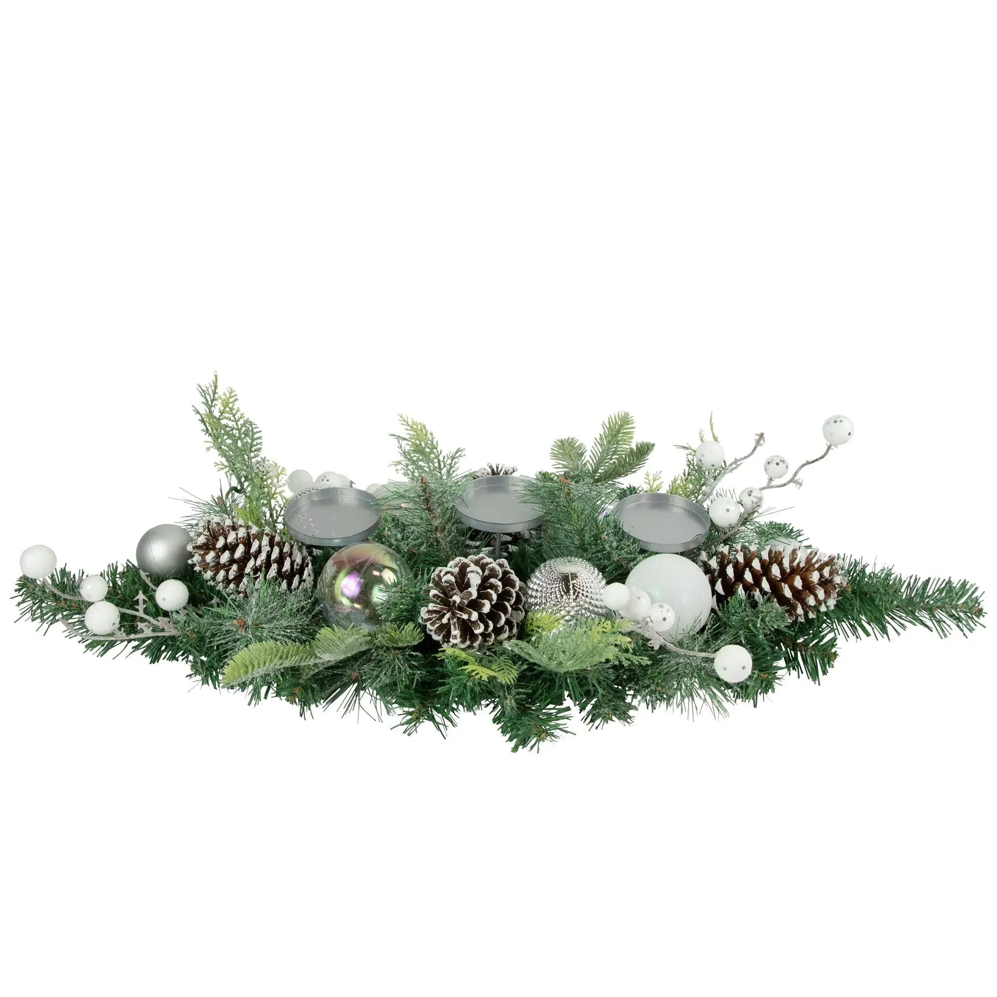 Northlight Pine Triple Candle Holder with Berries and Iridescent Christmas Ornaments, 32", Green