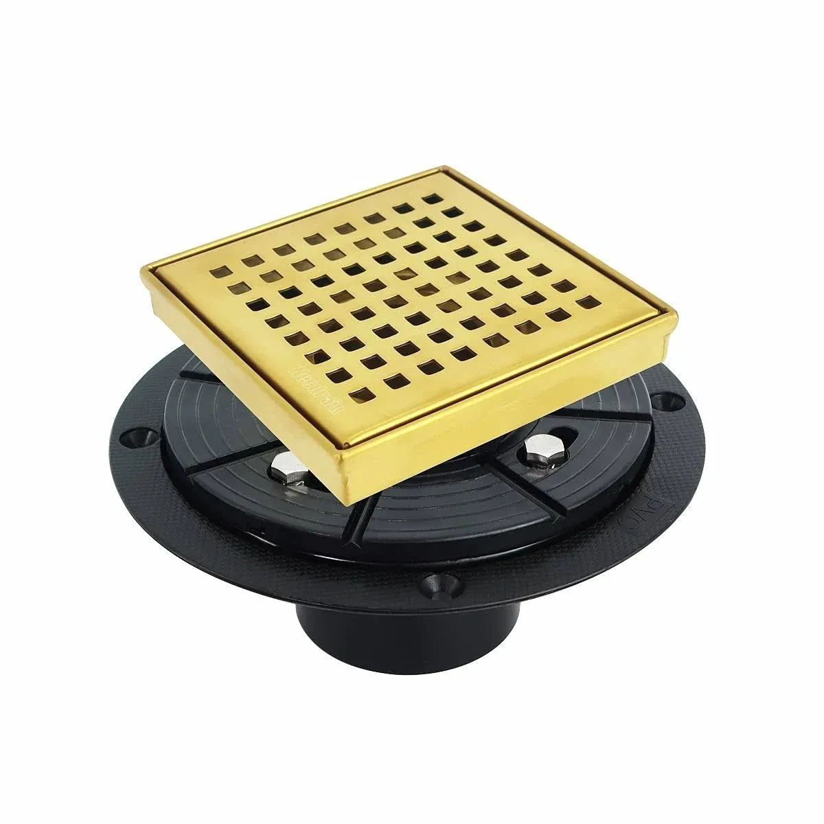 Neodrain 4 in Brushed Brass Square Shower Drain with Removable Quadrato Pattern Grate, PVC Shower Drain Base and Rubber Gasket, Gold 4" Shower Drain with Watermark&CUPC Certified, Hair Strainer