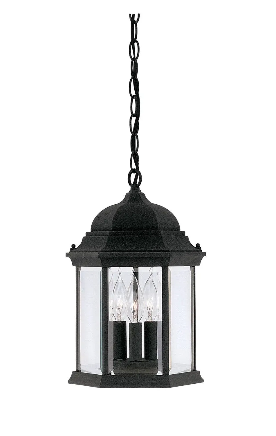 DESIGNERS FOUNTAIN 3-Light Devonshire Hanging Lamp, 10 Inch Outdoor Lantern Lighting Fixture, Clear Glass Lighting, Black, 2984-BK