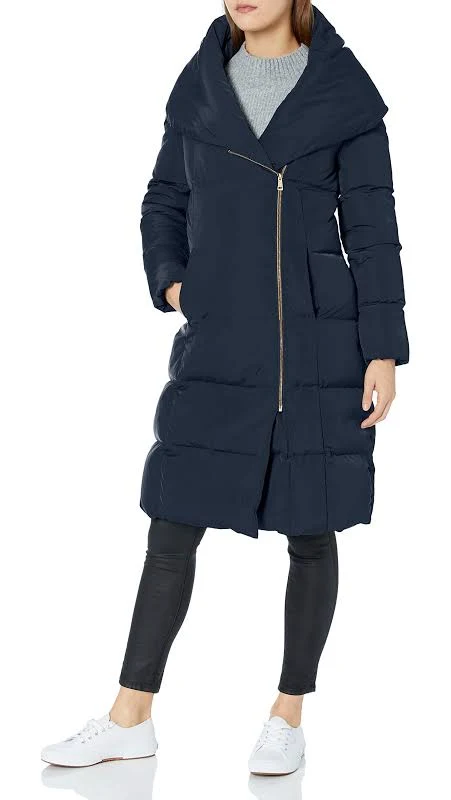 Asymmetrical Pillow Collar Down Coat Navy