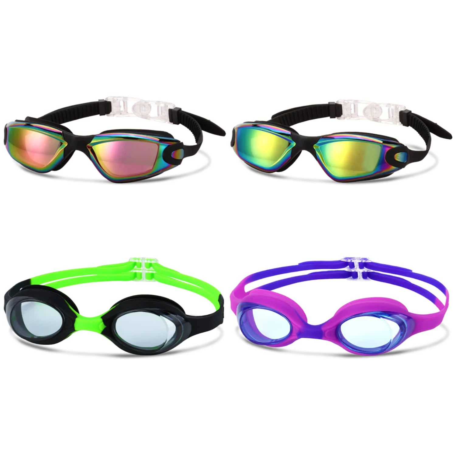 4 Pack Kids Swim Goggles Ages 6-14 UV 1black+1purple<wbr/>+2electroplate<wbr/>d 