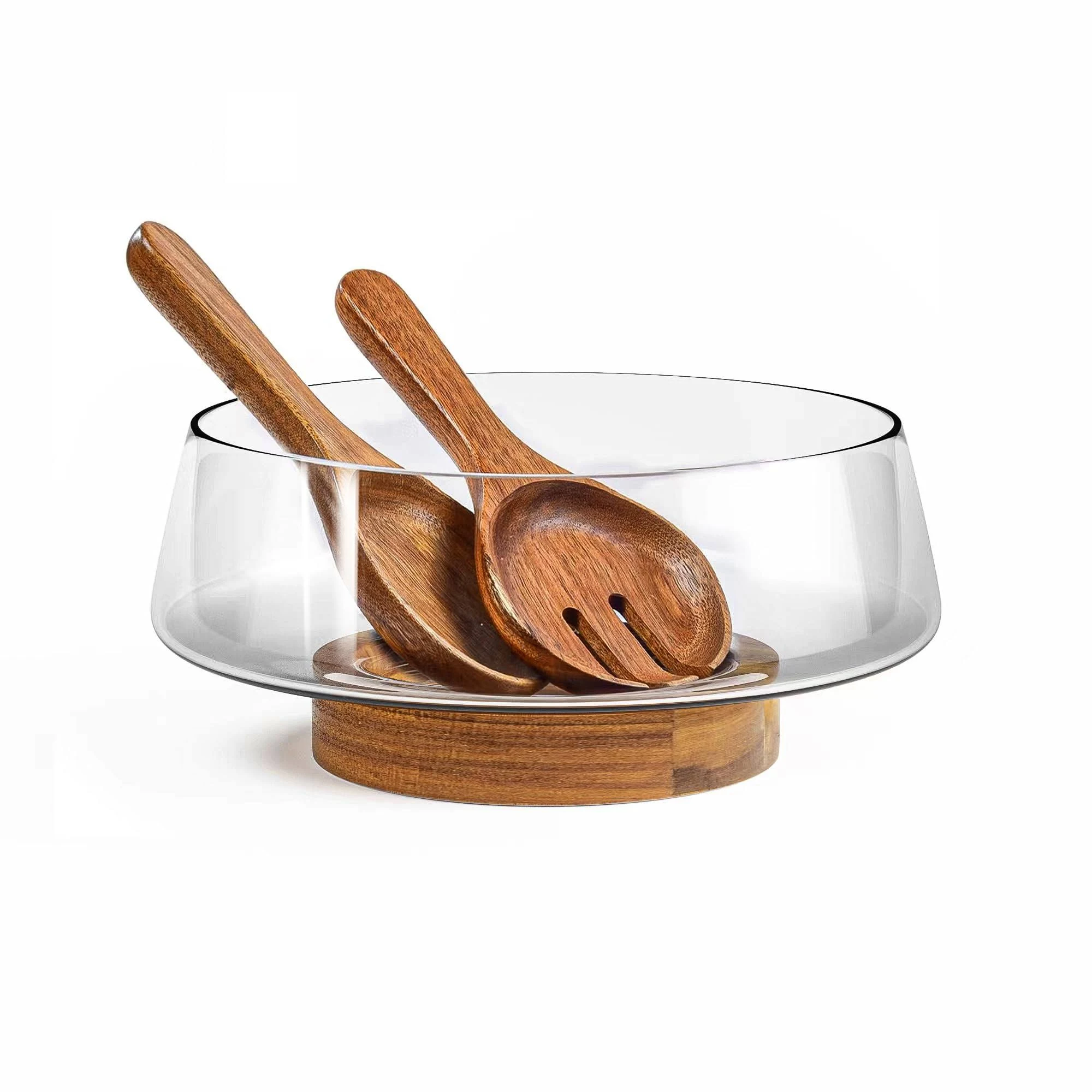 KITEISCAT Extra Large Glass Salad Bowls with Acacia Wood Base and Salad Serving Utensils