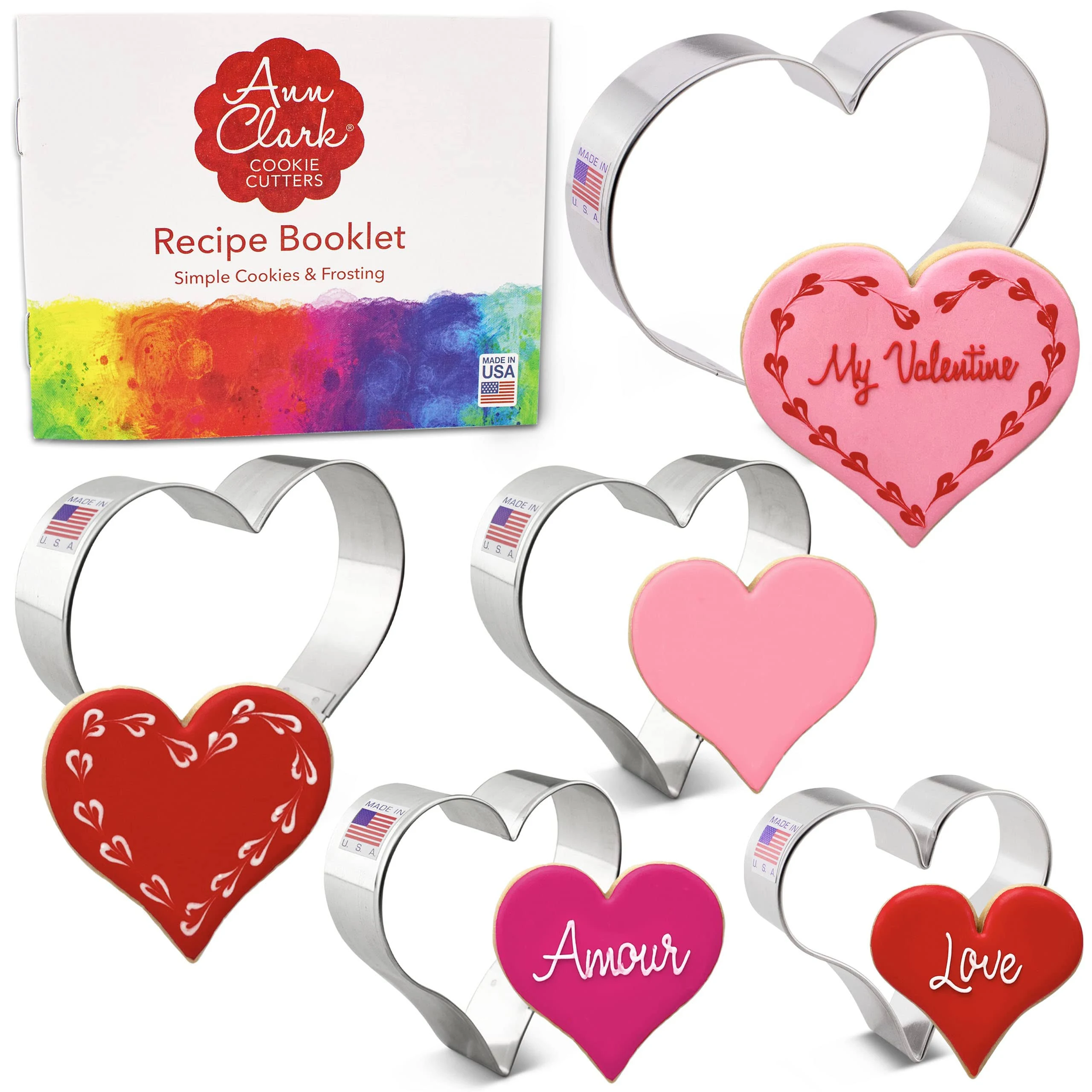 Heart Cookie Cutters 5-Pc. Set Made in USA by Ann Clark, 5&#034;, 4.25&#034;, 4&#034;, 3.5&#034;, 