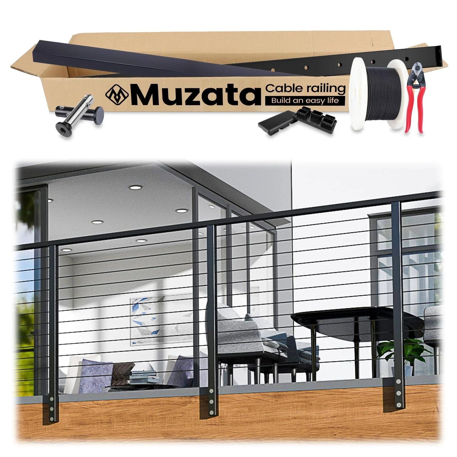 Muzata 36" 6.5ft Black Side Mount All-in-One Cable Railing System 6.5ft