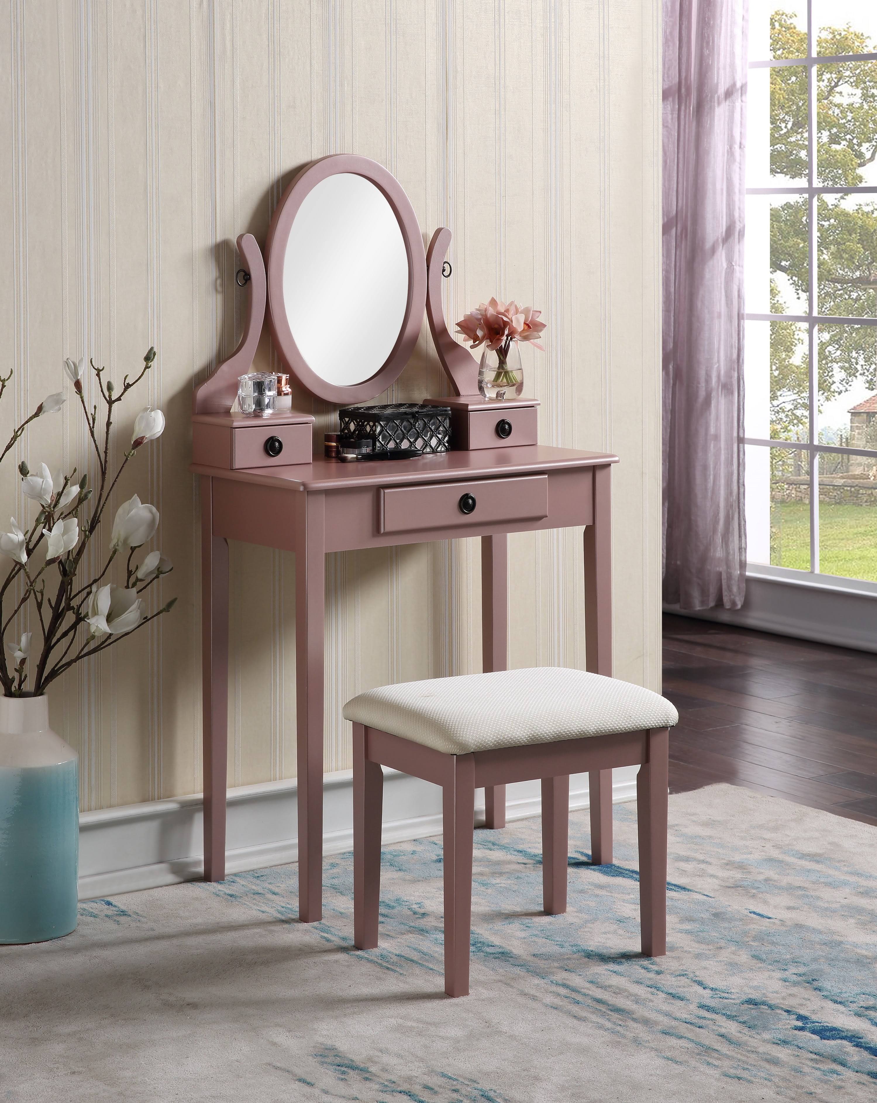 Roundhill Furniture Moniys Wood Moniya Makeup Vanity Table and Stool Set - Rose Gold