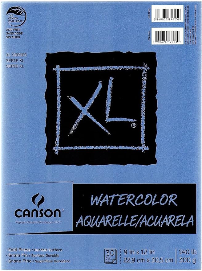 Canson XL Series Watercolor Textured Paper Pad for Paint, Pencil, Ink, Charcoal, Pastel, and Acrylic, Fold Over, 140 Pound, 9x12 Inch, , 30 Sheets