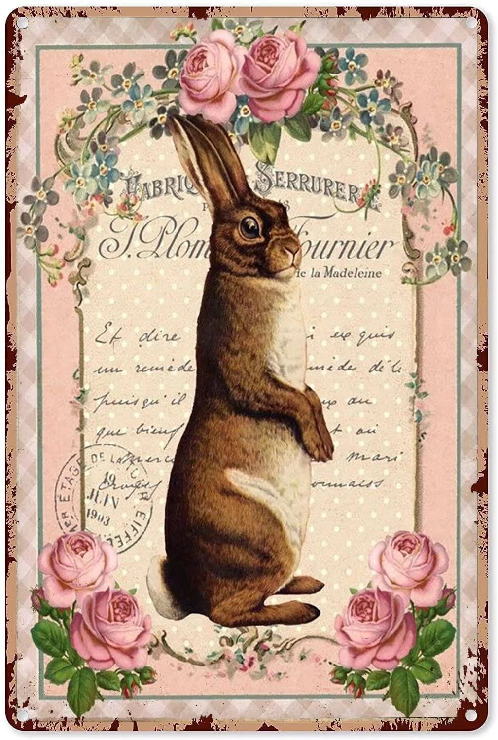 WZVZGZ Metal Vintage Tin Sign Decor Standing Easter French Rabbit Vintage Tin Sign for Office/Home/Classroom Decor Gifts - Best Birthday/Thanksgiving 8x12 Inch Wall Art Sign Wall Decor