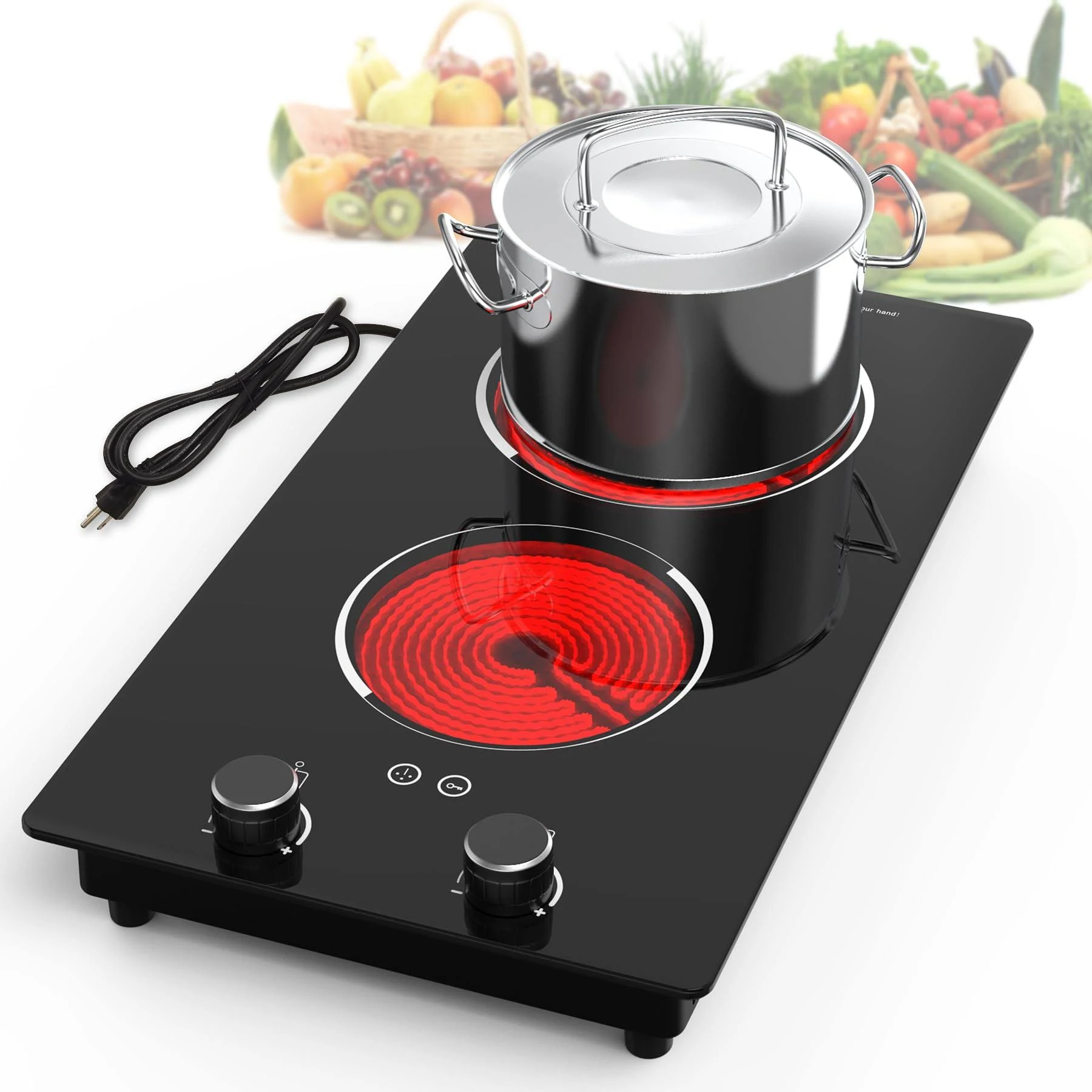 Electric Cooktop,110V 2100W Electric Stove Top with Knob Control, 10 Power Le...