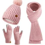 Womens Winter Beanie Hat Gloves Set Long Scarf Touchscreen Gloves Set with Fleece Lined Warm Knit Beanie Cap