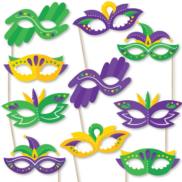 Colorful Mardi Gras Mask Glasses - Paper Card Stock Masquerade Party Photo Booth Props Kit - 10 Count