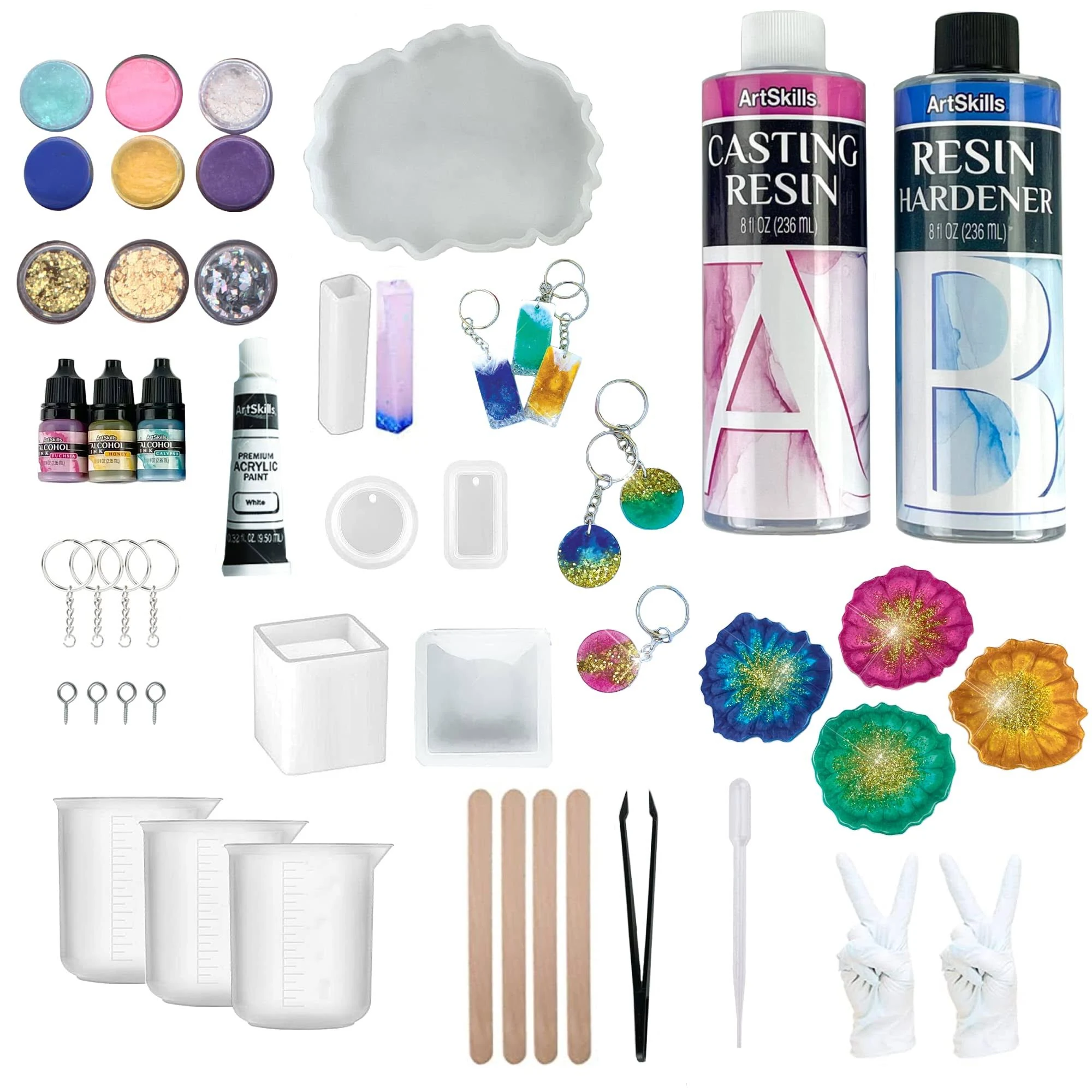 ArtSkills Epoxy Resin Kit for Beginners, Clear Craft Resin Art Kit with Silicone Molds, Alcohol Inks, Glitter, Mica Powder &amp; Accessories, 41 pc