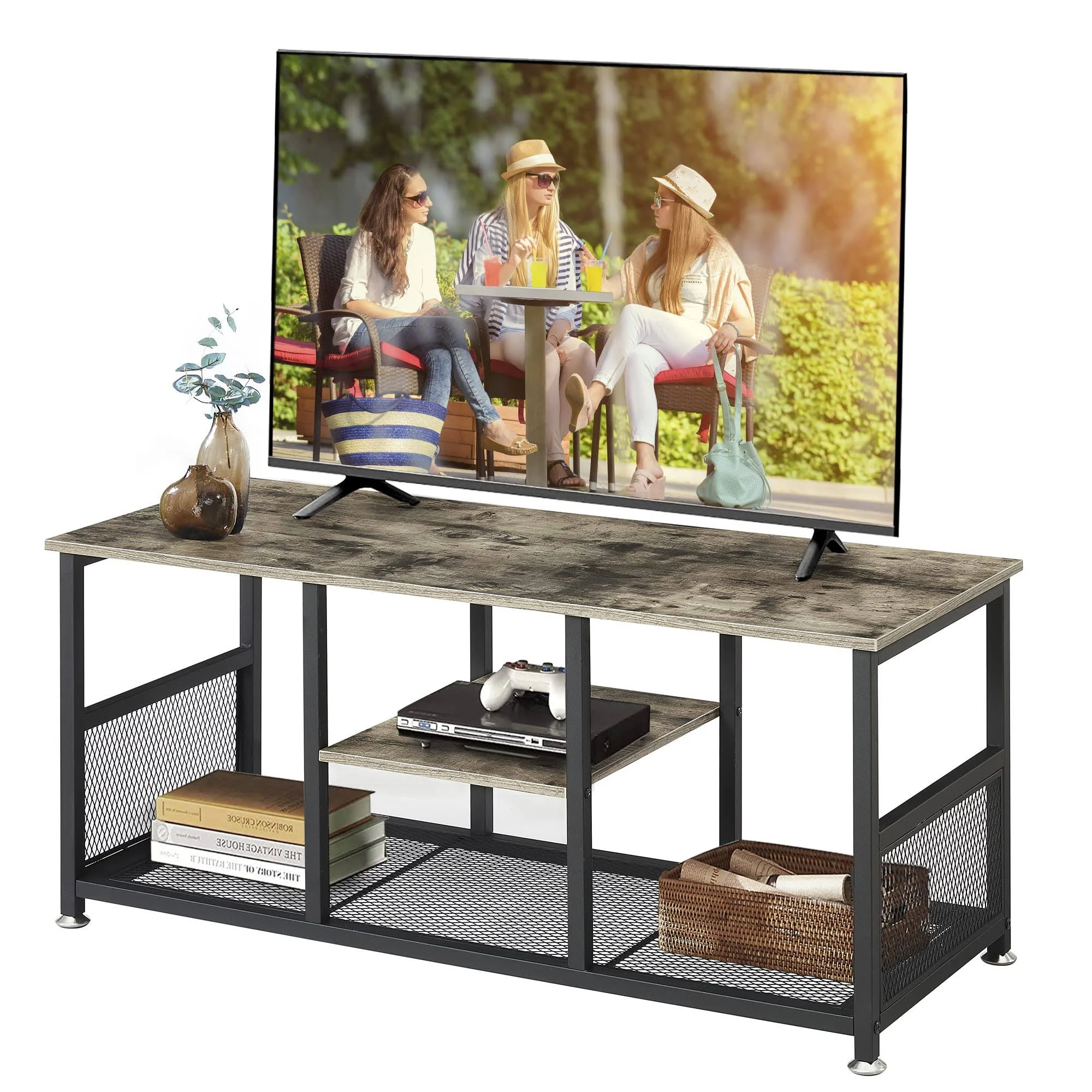 VECELO TV Stand Up to 50 Inches, 39 Inch Industrial Entertainment Center Media Console with Open Storage Shelves, Wooden Coffee Table with Metal Frame, Grey