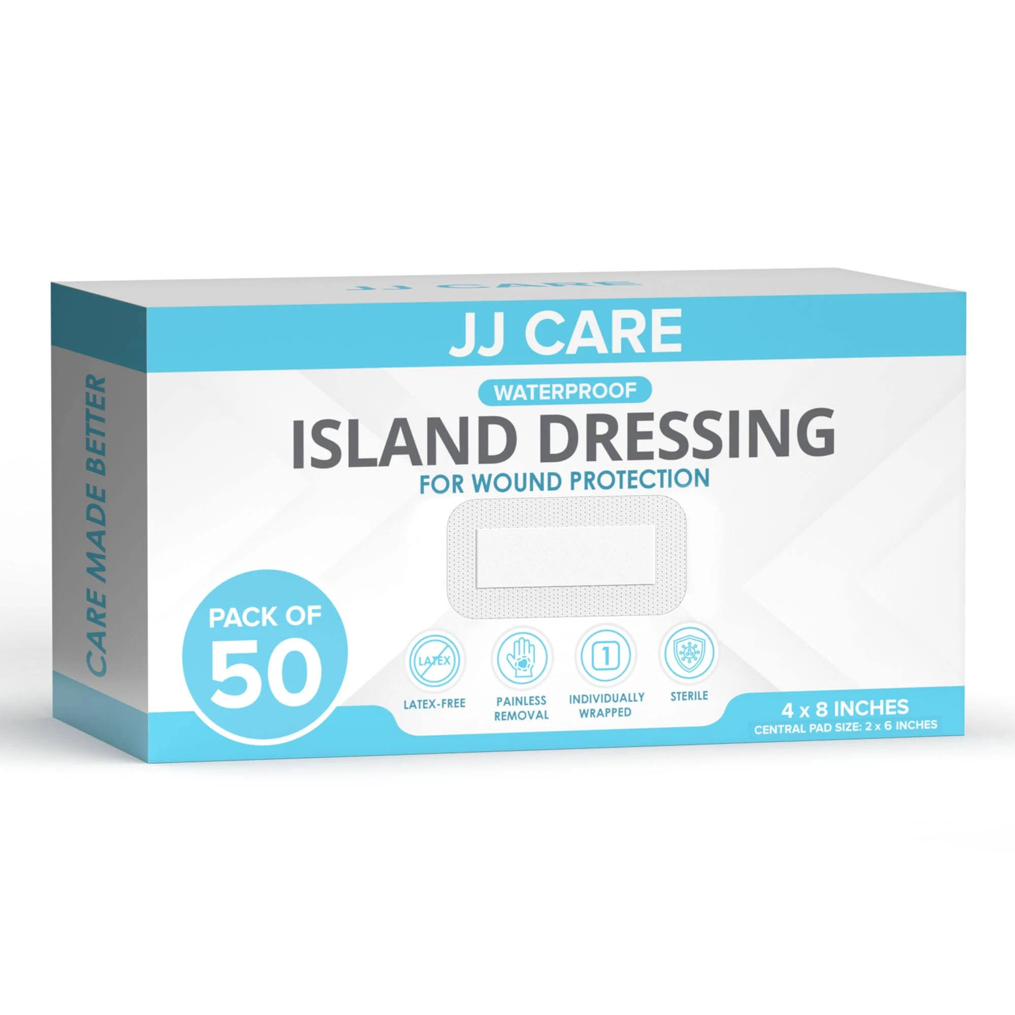 JJ Care Waterproof Adhesive Island Dressing [Pack of 50], 4 x 8 Sterile Island ...