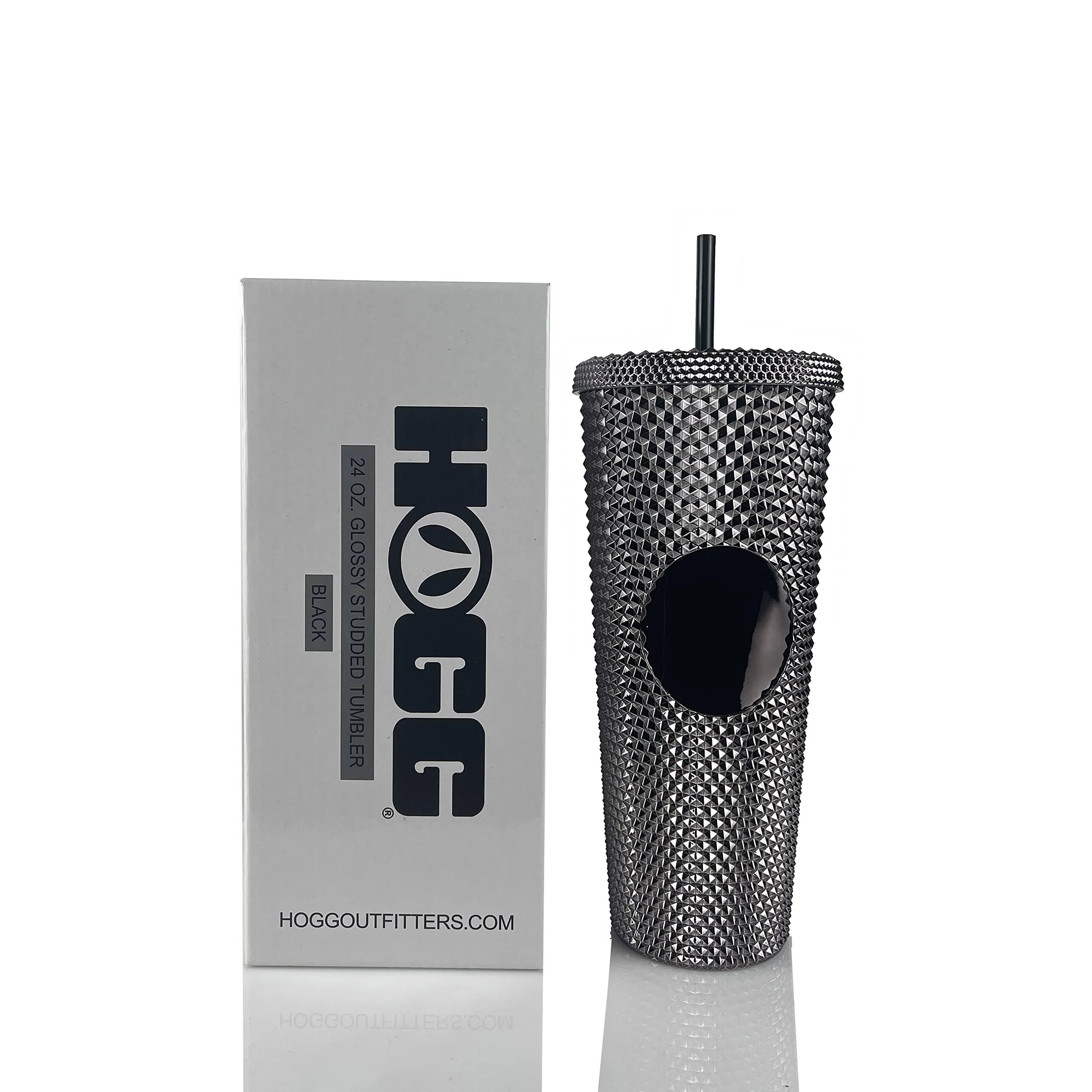 Hogg 24oz Studded Tumbler with lid and straw, DIY, Customizable with Bling or Glitter, Reusable Textured Venti Cup, Double Wall Insulated (24oz with circle, Glossy Black)