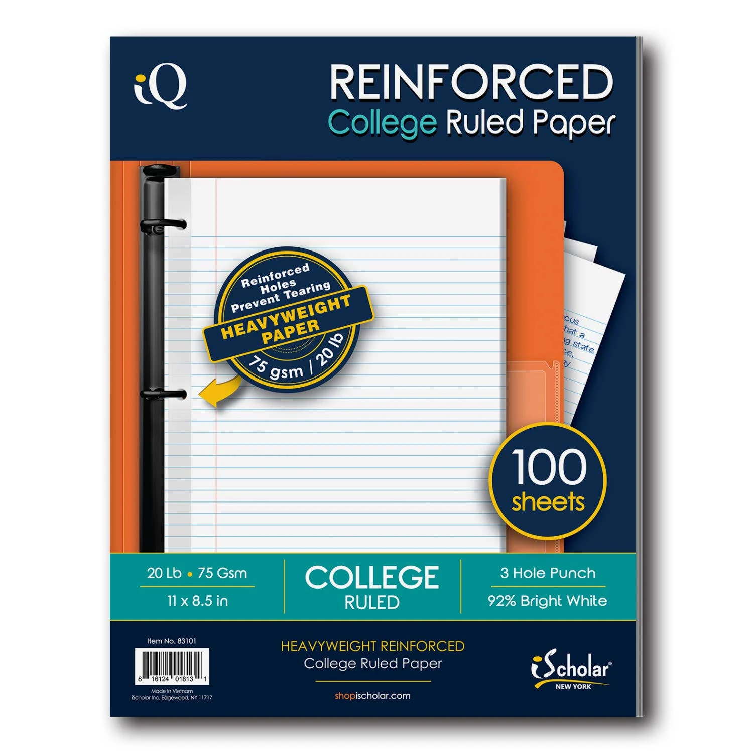 iScholar Reinforced Filler Paper, College Ruled, White, 100 Sheets, 9 x 11 Inches (83101)