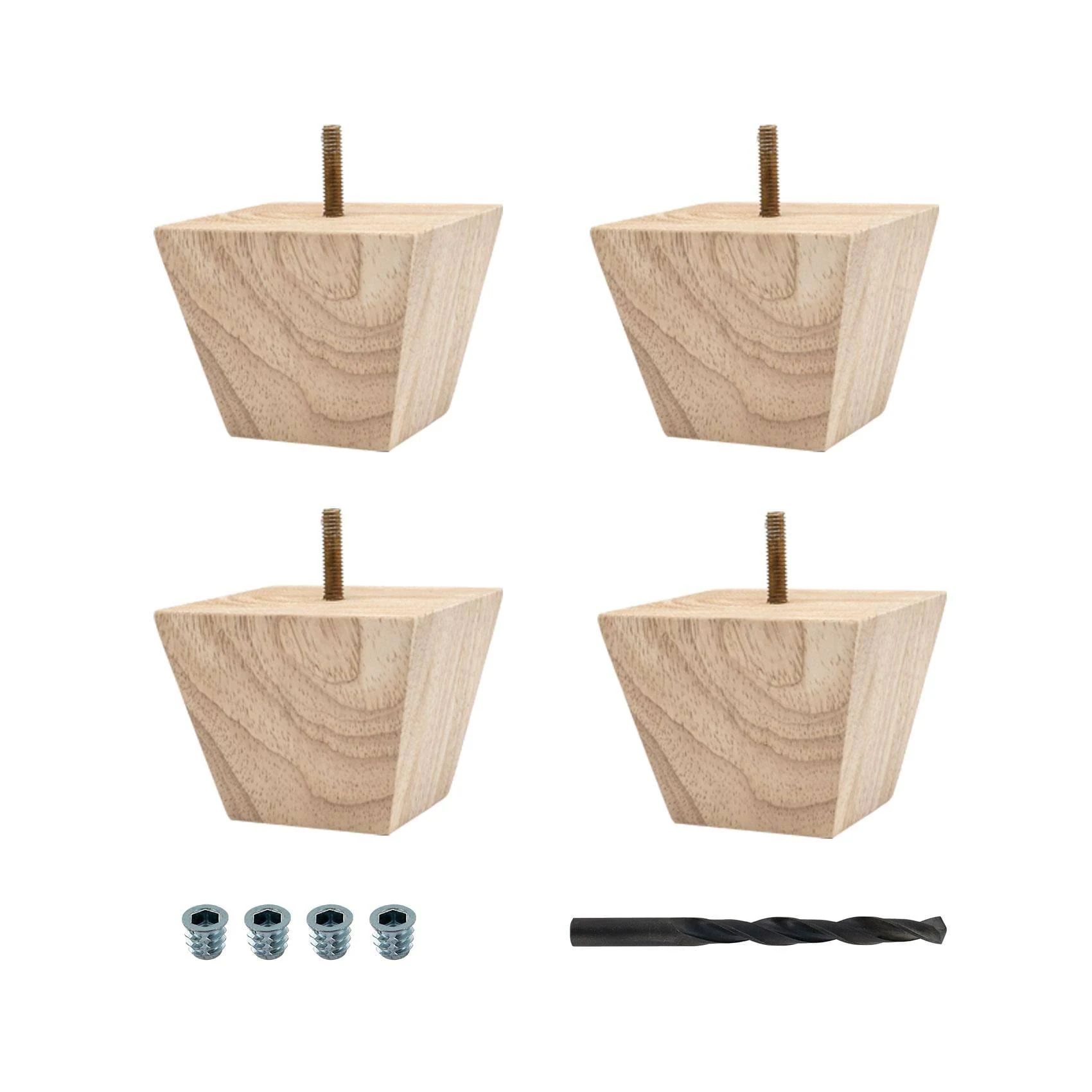 3 in. x 3-7/8 in. Unfinished Solid Hardwood Square Bun Foot | 4 Pack with 4 Free Insert Nuts and Drill Bit