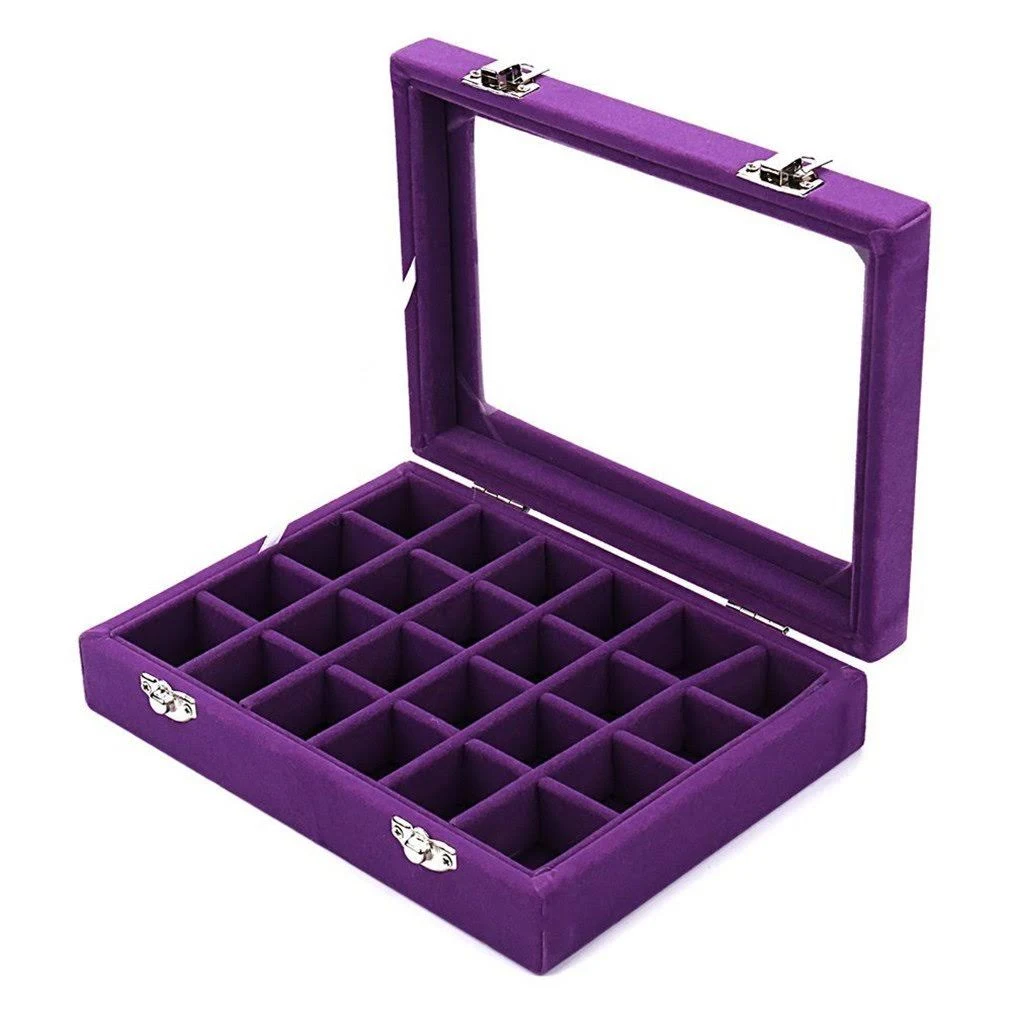 24 Grids Velvet Glass Ring Earrings Jewelry Box Earrings Organiser Storage Holder Display Case