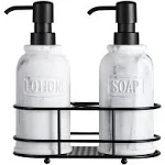 Bathroom Soap Dispenser Set, 2 Resin Lotion Bottles & 1 Metal Rack, Pump Lotion Soap Bottles with Metal Rack for Hand Soap Lotion Shampoo Essential Oils for Kitchen Farmhouse, Ink White+ Black