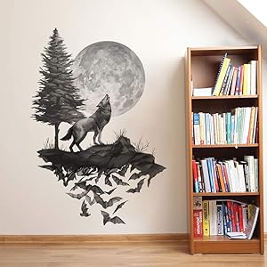 Runtoo Wolf Wall Decals Moon Wall Art Stickers Bedroom Living Room Kids Nursery Black Wall Décor