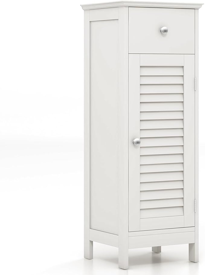 Bathroom Floor Storage Cabinet Side Wooden Organizer with Shutter Door White