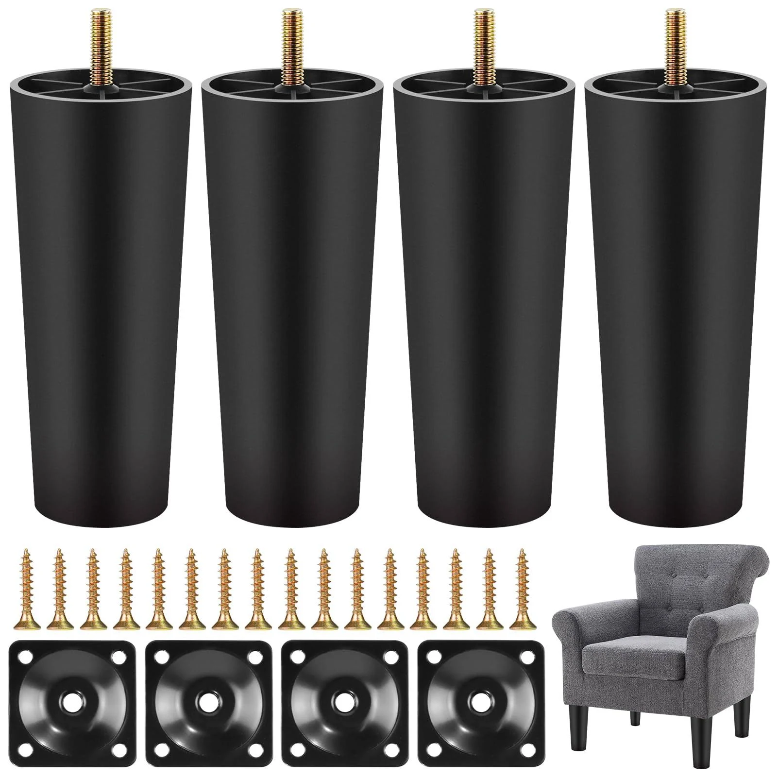 Furniture Legs, 6 Inch Sofa Legs M8(5/16&#039;&#039;) Thread Plastic Tapered Couch Chai...