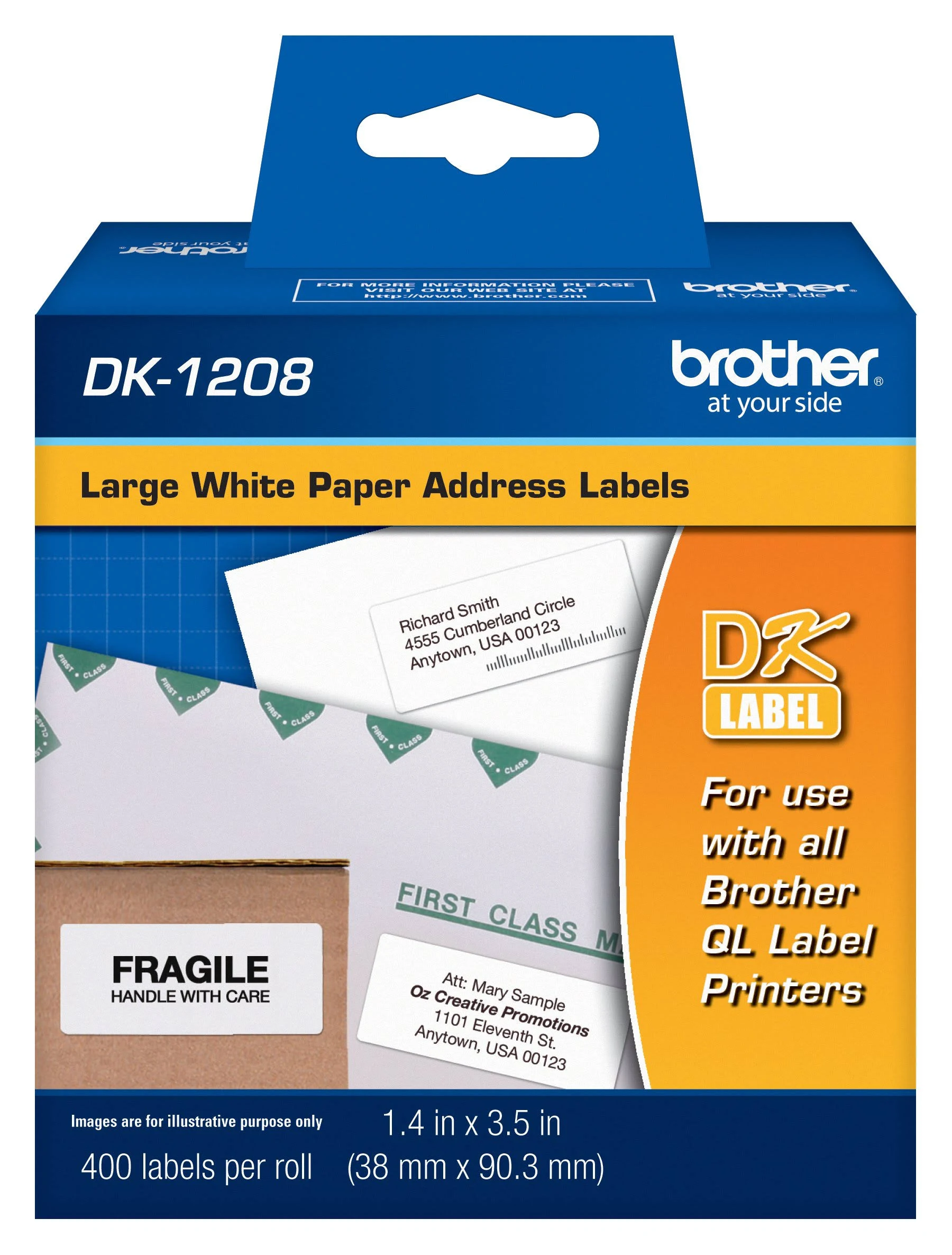 Brother Die-Cut Address Labels, 1.4" x 3.5", White, 400/Roll