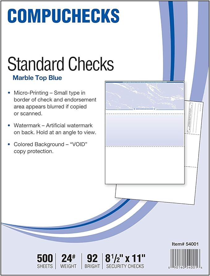 Compuchecks Check on Top Blank Check Paper - 500 Pack, Quick-Books & Laser Printer Compatible - Security Business Checks with Voucher - 8.5" x 11" Blue Marble