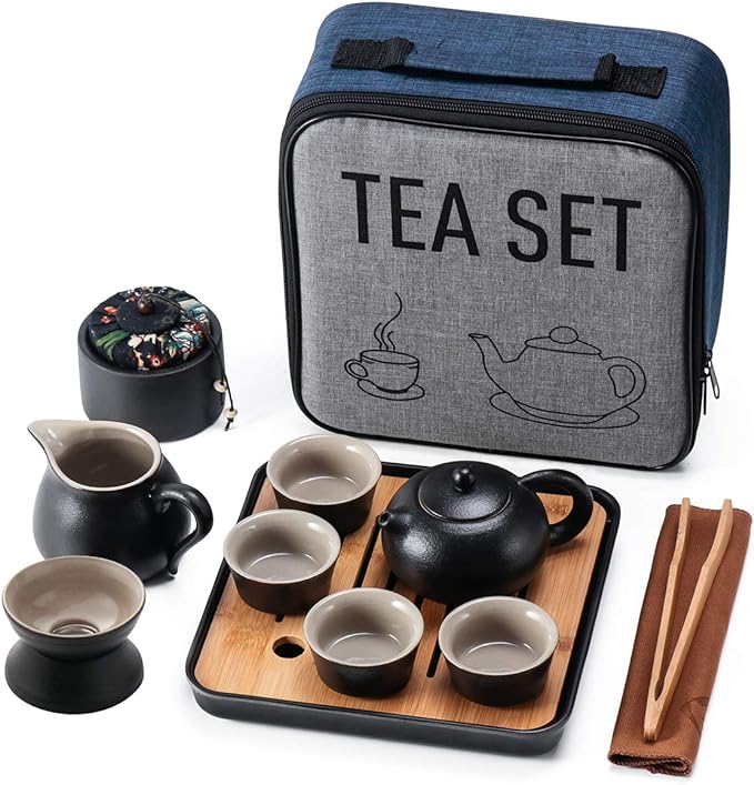 Mini Travel Kung Fu Tea Pot Cup Set with Tray - Portable Chinese Ceramic Porcela