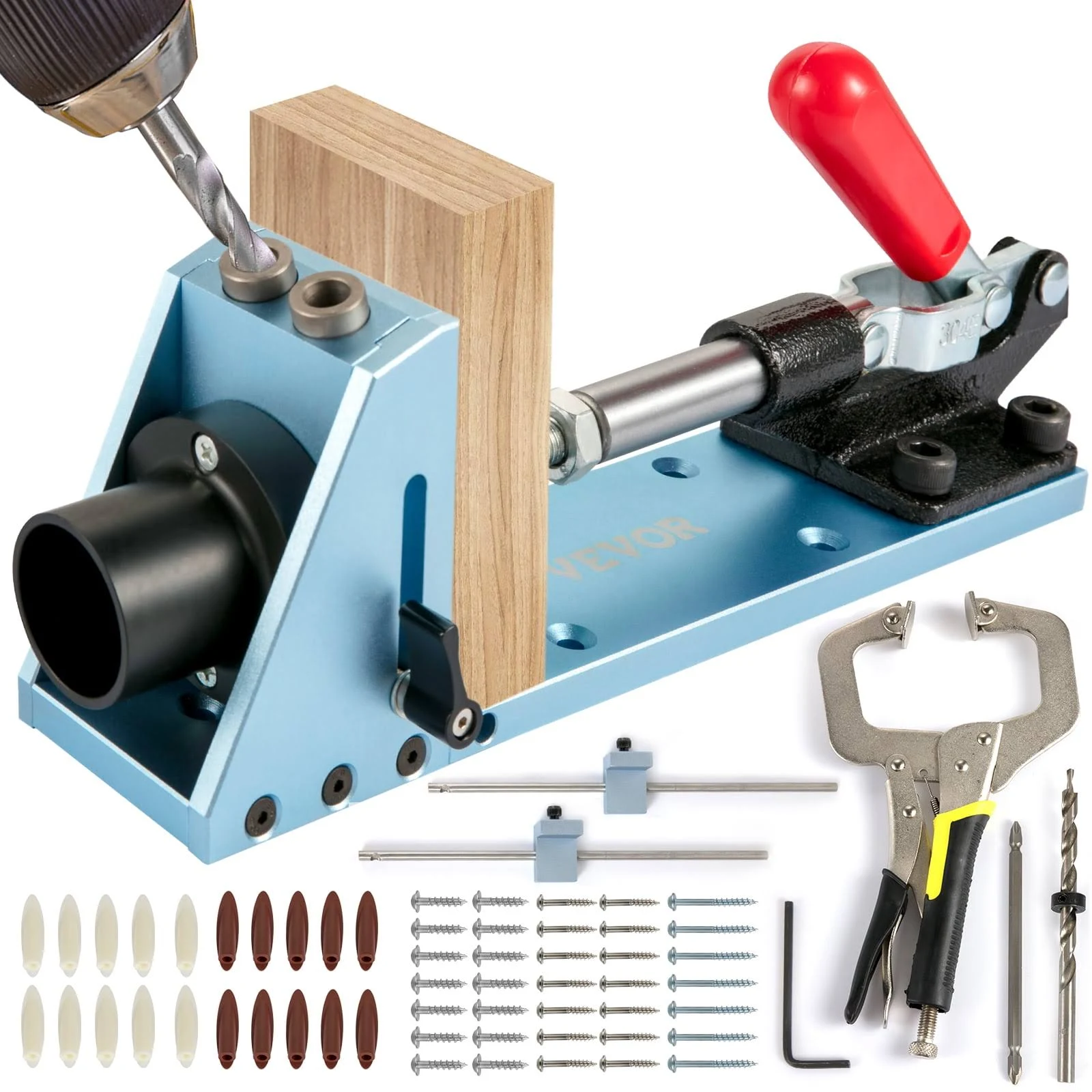 VEVOR Pocket Hole Jig Kit, Aluminum Punch Locator, Adjustable & Easy to Use Joinery Woodworking System, Guides Joint Angle w/Extension Rod Clamping Pliers 200PCS Screws for DIY Carpentry Projects