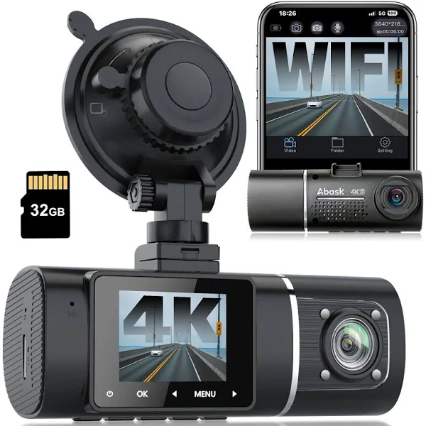 Abask Dash Cam 4K WiFi, Car Camera Front and Inside with Infrared Night Vision, 24H Parking Monitoring, Motion Sensor, 310° Wide Angle, G-Sensor, Loop Recording, HDR, Up to 128 GB