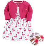 Hudson Baby Cotton Dress, Cardigan and Shoe Set Bright Flamingo / 3-6 Months