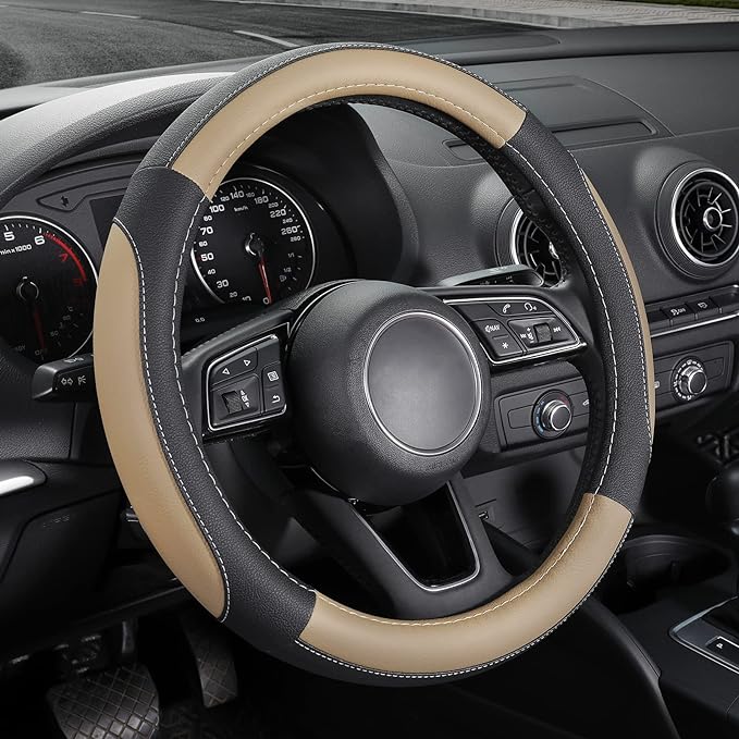 SEG Direct Black and Beige Microfiber Leather Steering Wheel Cover for Prius