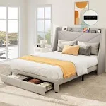 YITAHOME Storage Bed Frame, Queen Size Bed Frame with Type-C & USB Port and 2 Drawers, Upholstered Headboard Storage Shelf Platform Bed, No Box Spring Needed, Easy Assembly, Grey