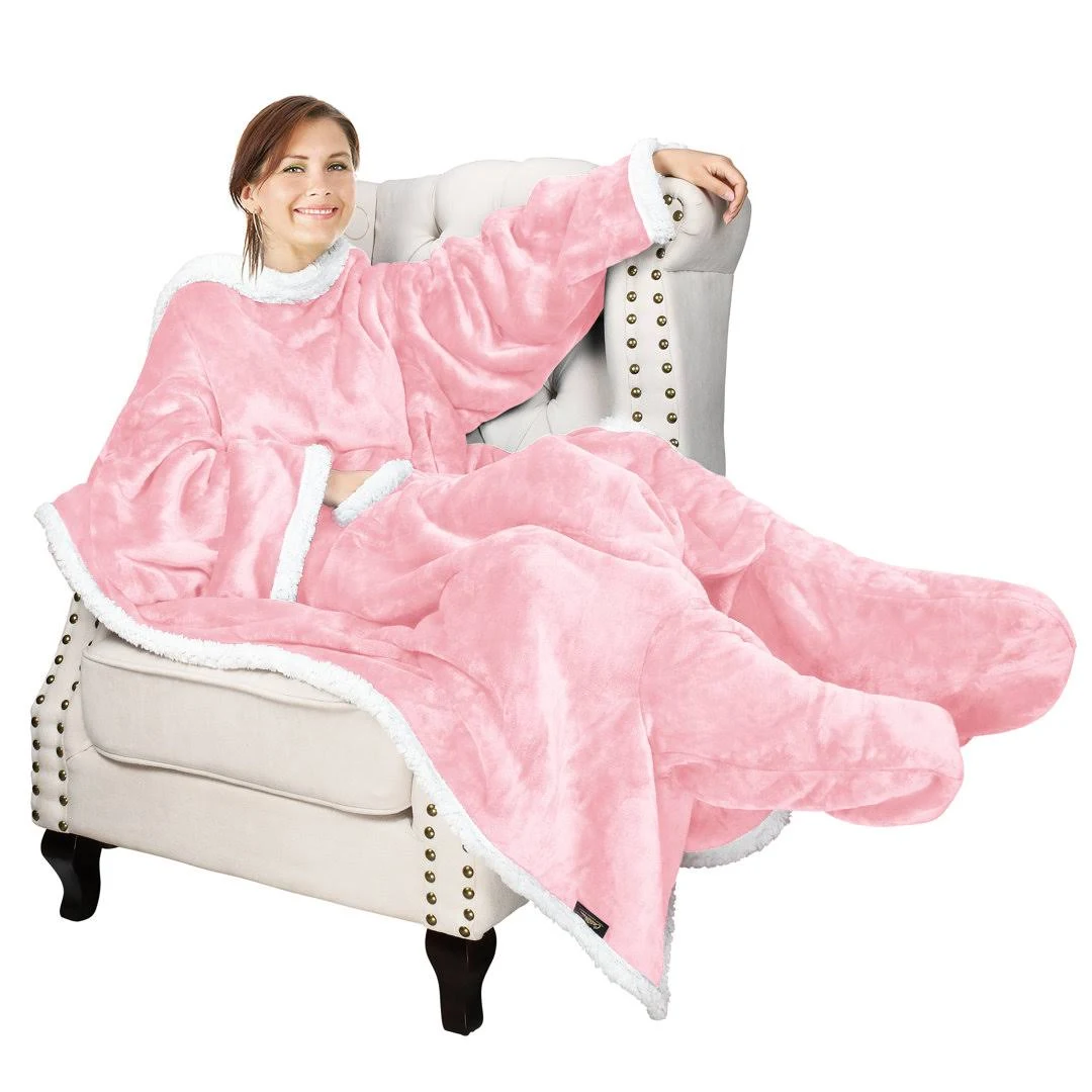 Catalonia Sherpa Wearable Blanket with Sleeves & Foot Pockets for Adult Women Men, Comfy Snuggle Wrap Sleeved Throw Blanket Robe, Gift Idea, Pink