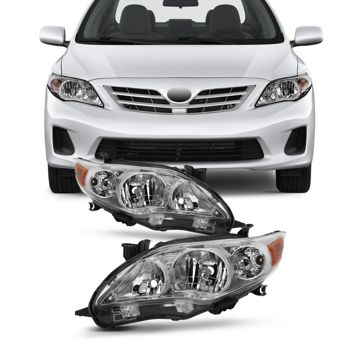 AKKON - For 2011-2013 Toyota Corolla Chrome Clear Headlights Front Lamps Direct Replacement Left + Right Pair