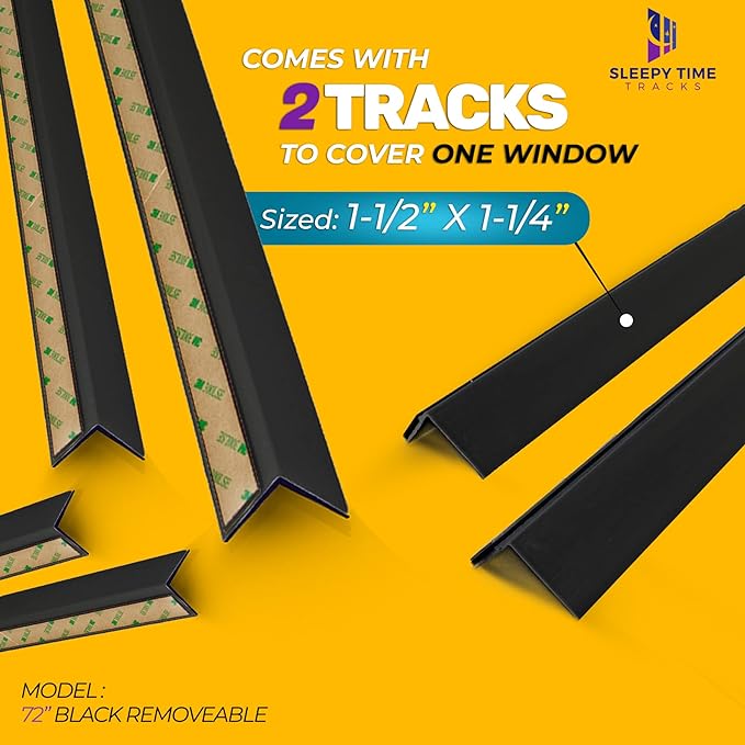 Sleepy Time Tracks Light Blockers for Blinds - Orignal Light Blocking Strips for Blinds, Side Tracks for Blackout Shades (72" Removable Black Tracks)