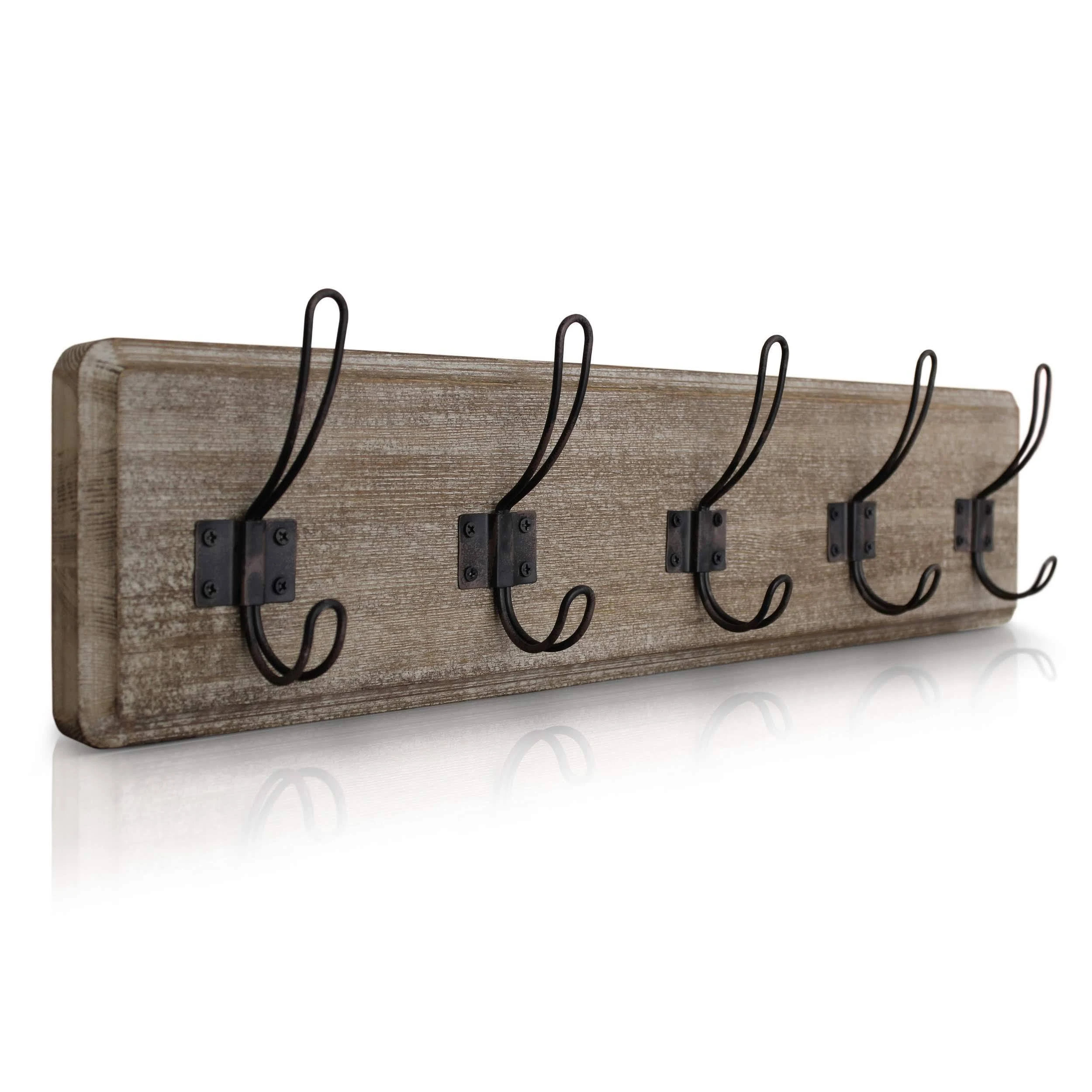 Rustic Coat Rack - Wall Mounted Brown Wooden 24&amp;quot Entryway Hooks 5 Hooks, For