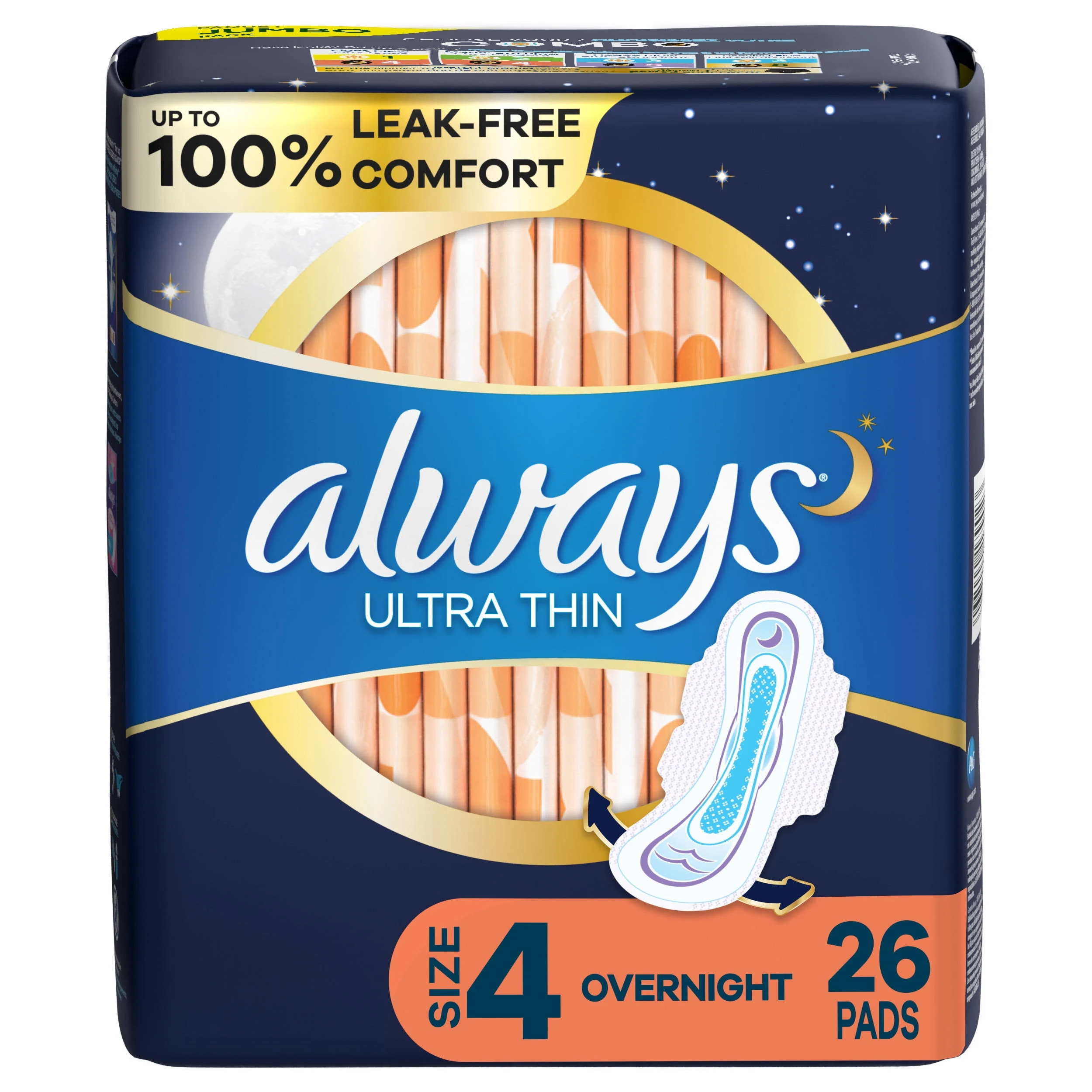 Always Ultra Thin Overnight Pads with Wings, Size 4