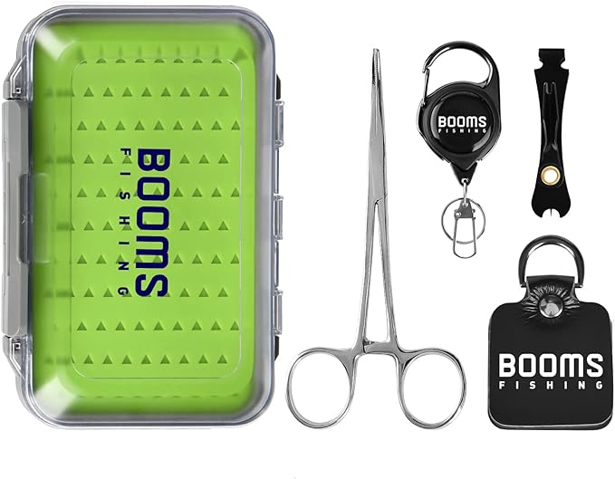 Booms Fishing FF2 Fly Fishing Accessories and Tools Kit, Fly Fishing Gear Combo: Fly Fishing Forceps, Fly Fishing Nipper, Line Leader Straightener, Zinger Retractor, Two-Sided Fly Box Assortment