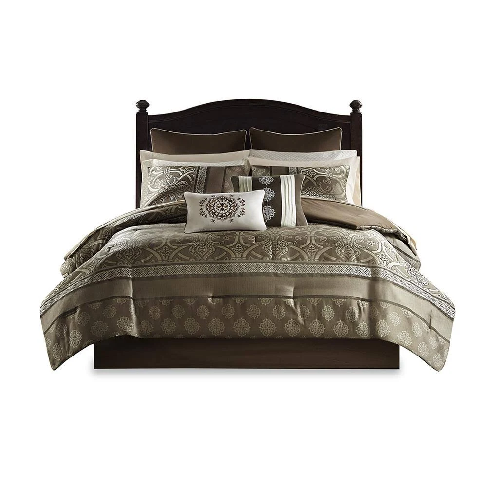 Madison Park Essentials - Zara 16 Piece Jacquard Complete Bedding Set with 2 Sheet Sets - Brown - Queen