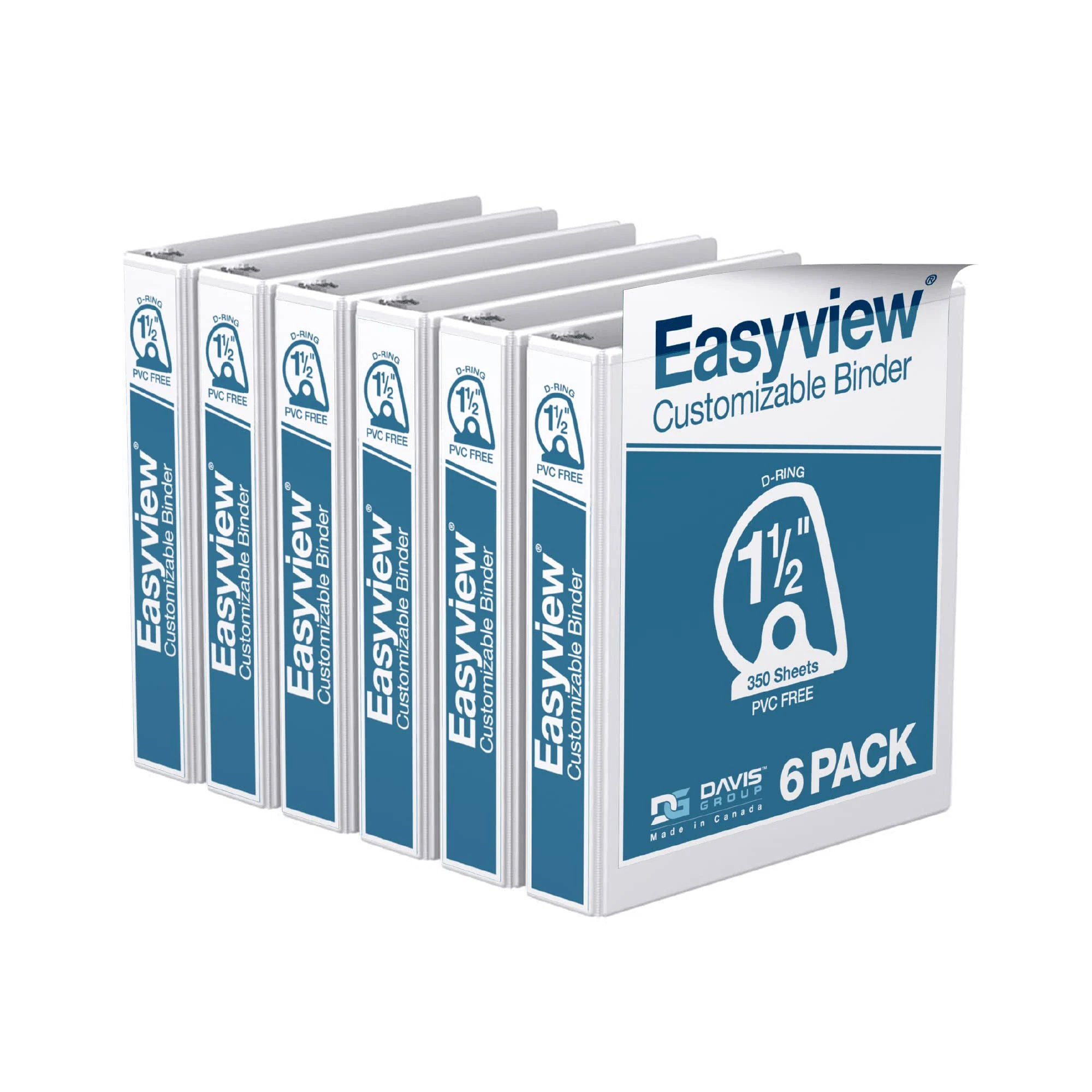 EasyView Premium Angled D-Ring 1.5-Inch Binders with Clear-View Covers, Customizable 3-Ring Binders for School, Office, or Home, Pack of 6, White