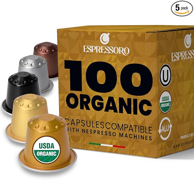 ESPRESSORO 100 USDA Organic Espresso Pods - VARIETY PACK Aluminum Capsule Compatible with Nespresso Original Lines Machines. Assorted Premium Italian Expresso Coffee Capsules