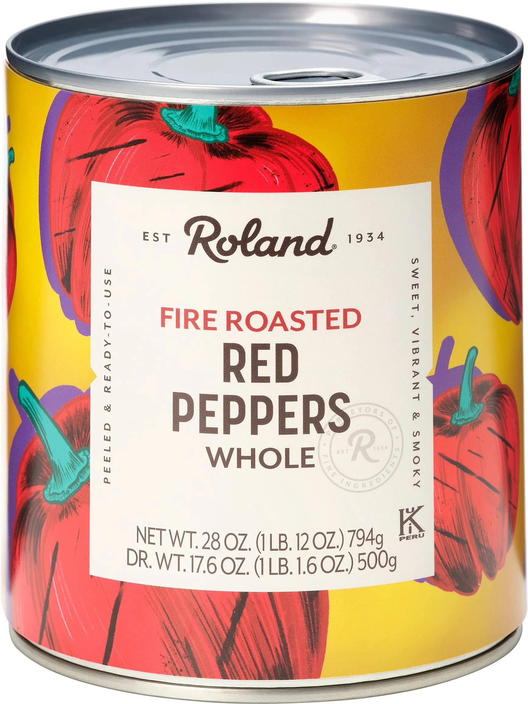 Roland Foods Whole Fire Roasted Red Peppers, 28 Ounce Can, Pack of 4