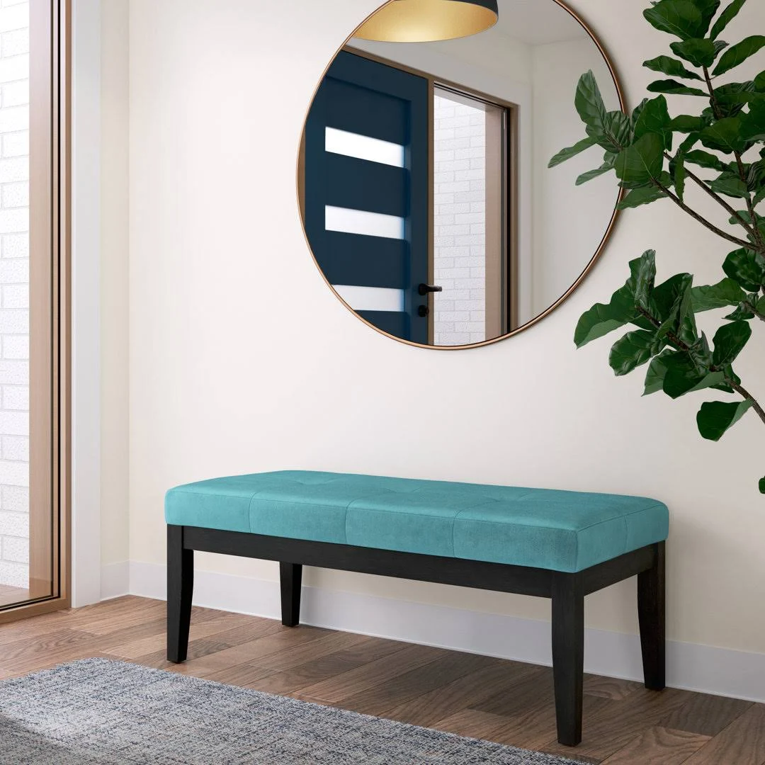 Lacey 43" Wide Contemporary Rectangle Tufted Ottoman Bench in Aqua Velvet Fabric