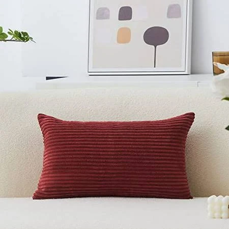 Home Brilliant 12x20 Pillow Cover Decorative Lumbar Throw Pillows Solid Striped Corduroy Throw Pillow Case Oblong Cushion Cover for Chair, 12 x 20 inch, Burgundy